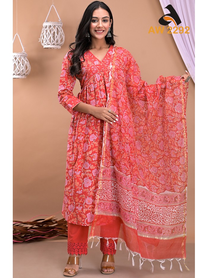 Tomato Red Handblock Jaal Print Full Suit Set