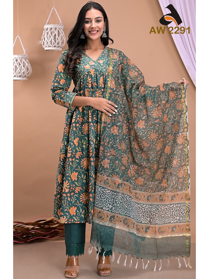 Dark Green Floral Handblock Jaal Print Full Suit Set