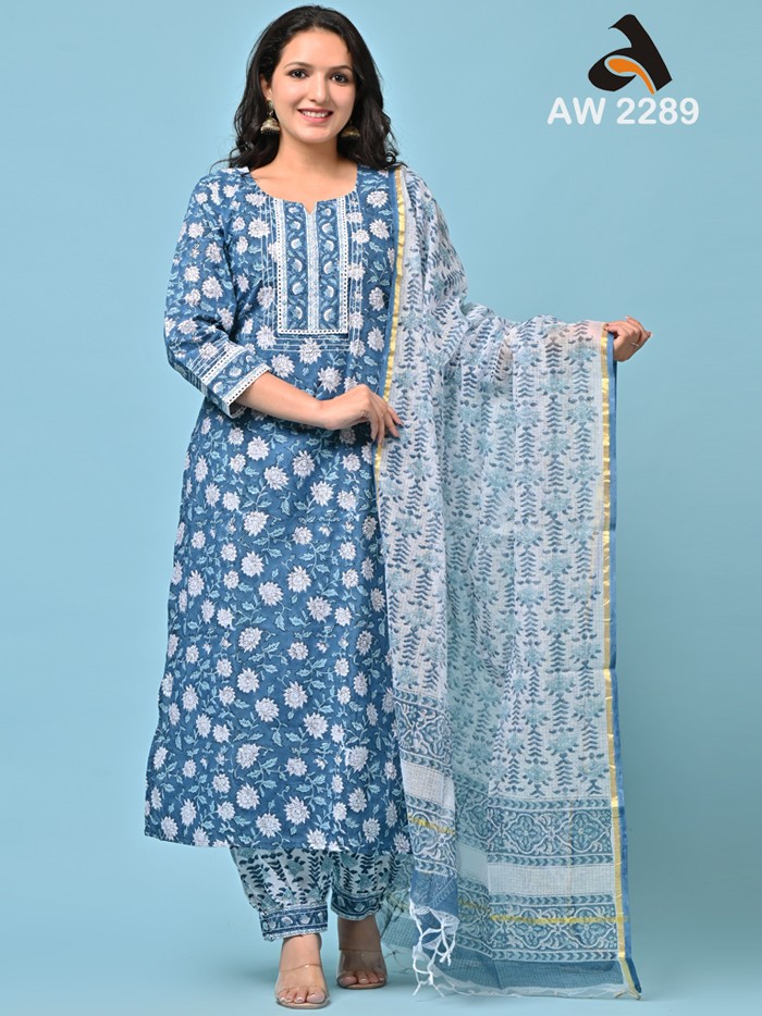 Yale Blue White Floral Cotton Handblock Full Suit Set