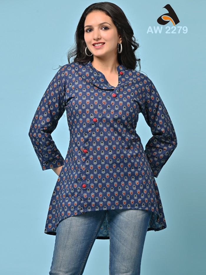 Indigo Blue Curvy Placket High Low Short Top