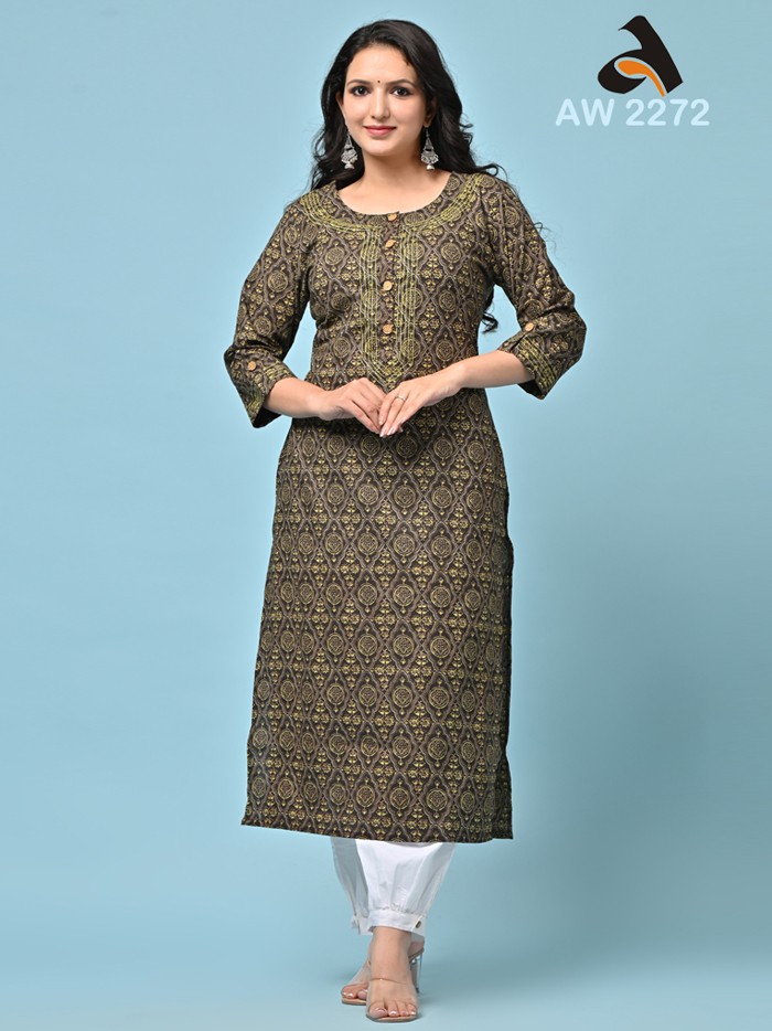 Army Green Ajrakh Print Cotton Kurta With Couching