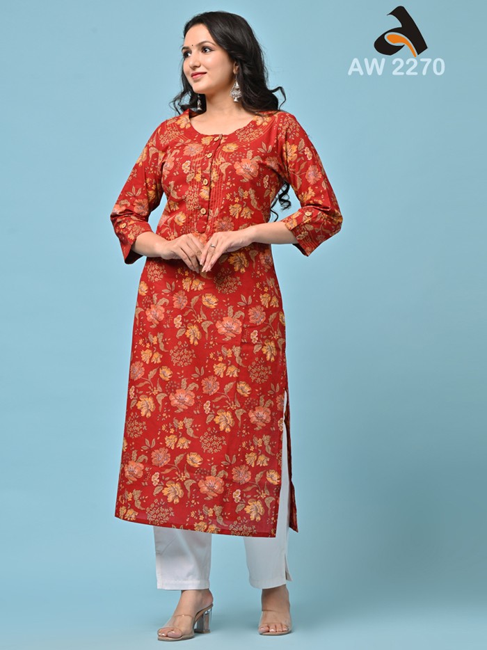 Red Floral Print Cotton Kurta With Couching