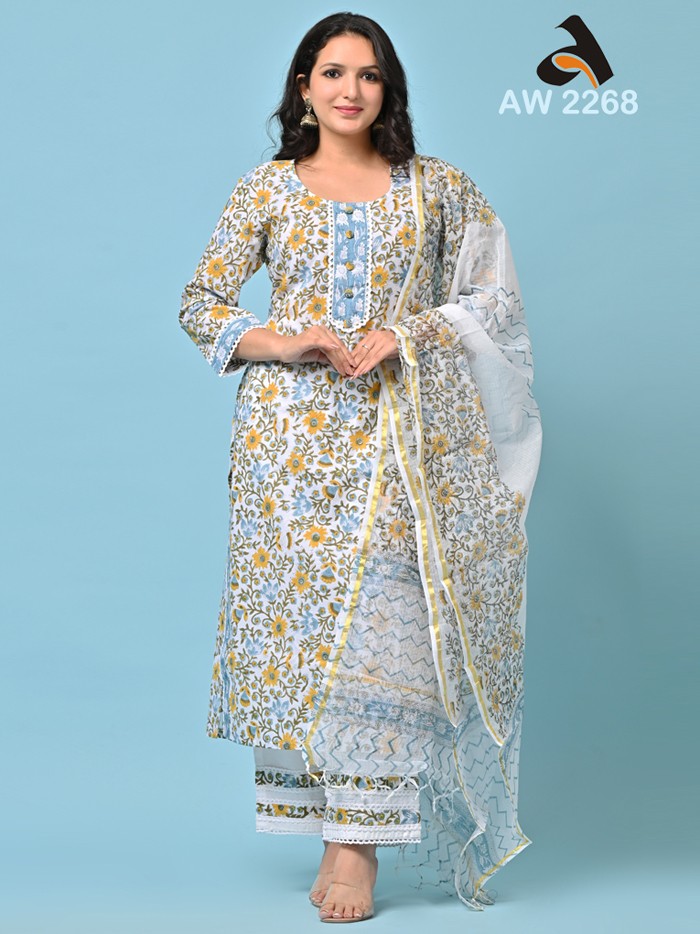 White & Yellow Floral Cotton Handblock Full Suit Set