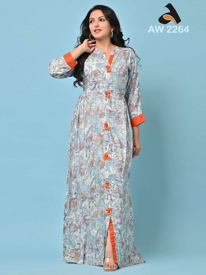 Powder Blue Rayon Printed floor Length Gown