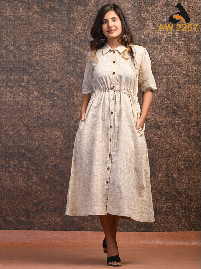 Ivory White Coimbatore Cotton Front Open Dress