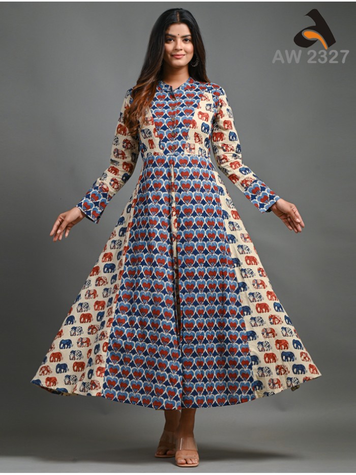 Cloud Grey Elephant Printed Long Dress