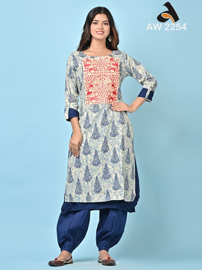 Navy Blye Rayon Double Layer Embroidered Kurta