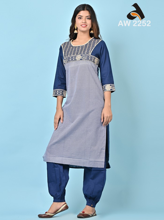 Navy Blue & Black Cotton Embroidery Kurta