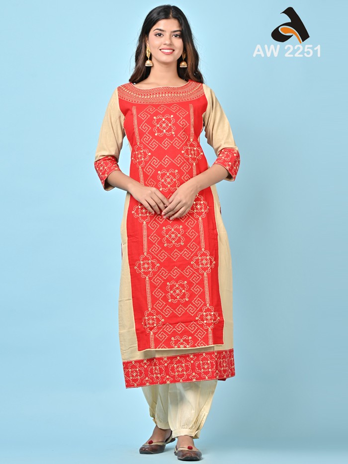 Tomato Red Cotton Slub Double Layer Embroidery Kurta