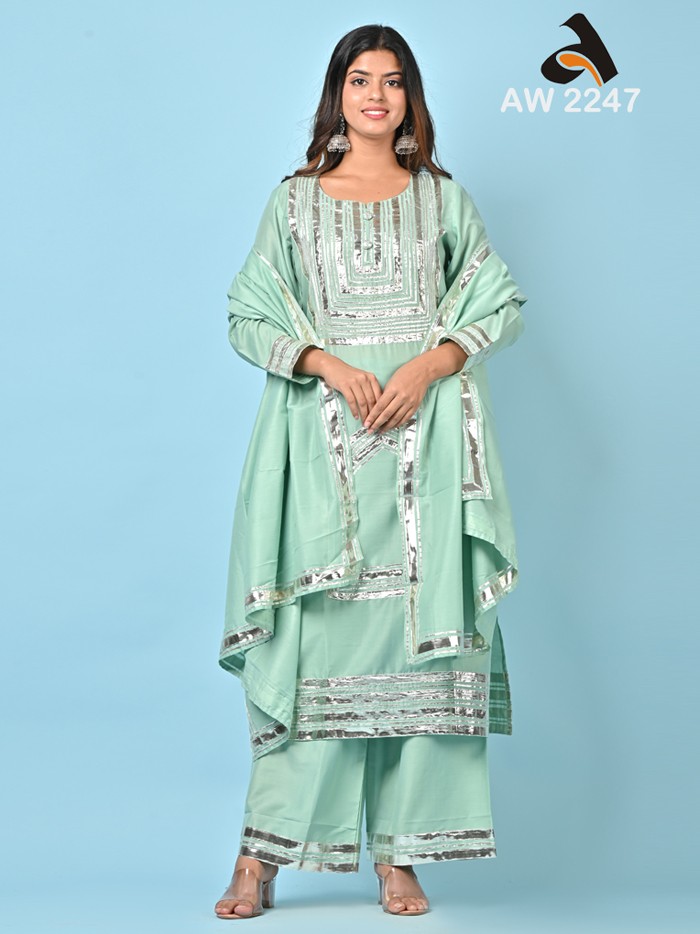 Sage Green Muslin Silk Festive Full Suit Set