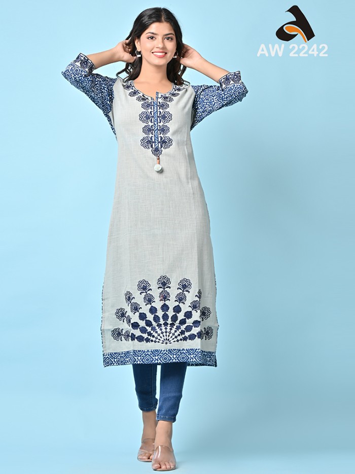 Cotton Slub Grey Kurta With Mandala Embroidery