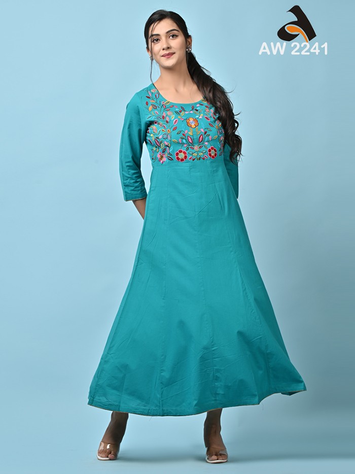Teal Green Long Embroidered Anarkali Dress