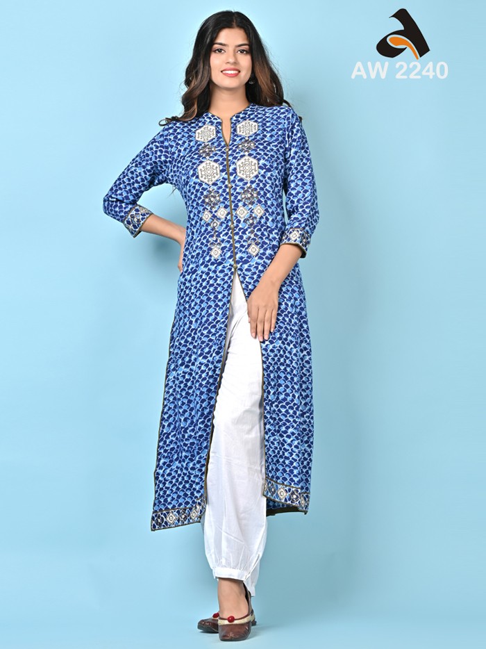 Indigo Blue Front Slit Rayon Embroidered Kurta