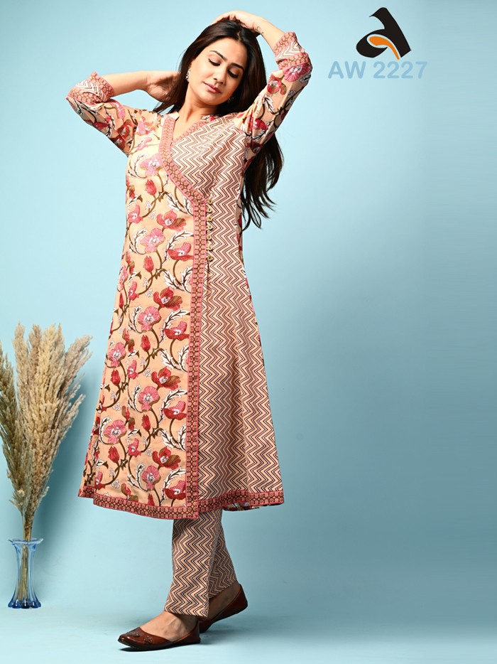 Tropical Peach Cotton Angarakha Kurta & Pant Set