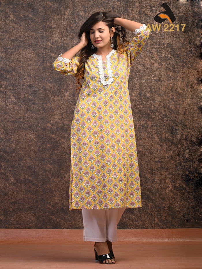 Corn Yellow Floral Booti Print Cotton Lacy Kurta