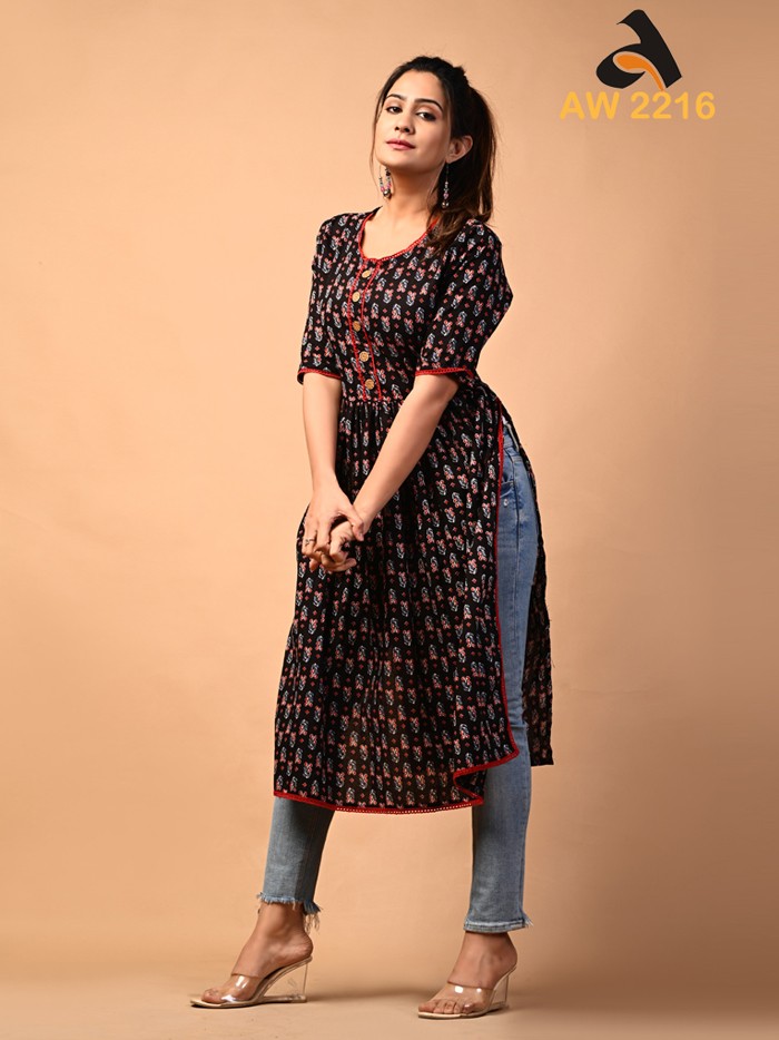 Deep Black Cotton Gathered Kurta With High Side Slits