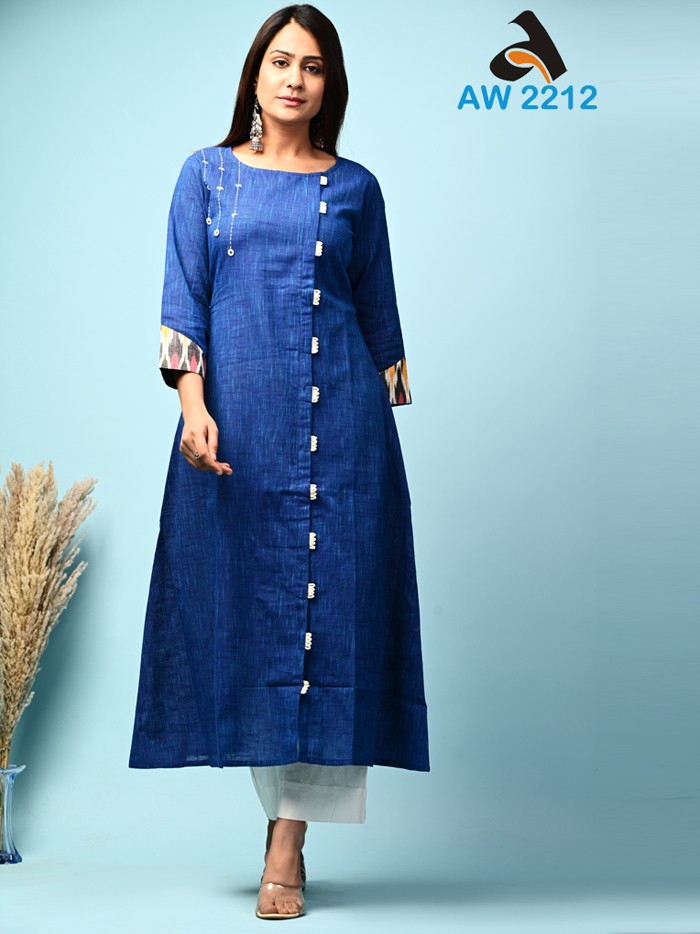 Royal Blue South Cotton A Line Kurta with Ikkat On Sleeves