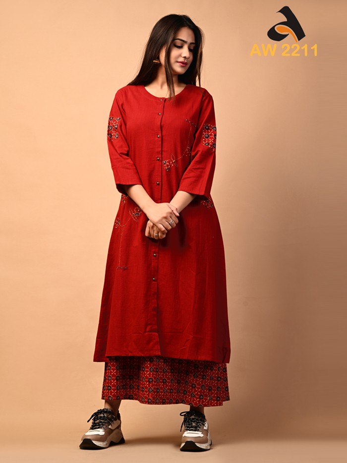 Crimson Red Ajrakh Print Sleeveless A Line Kurta With Jacket