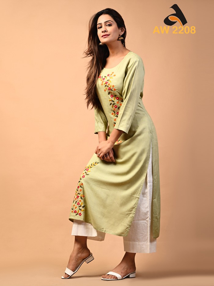 Sage Green Rayon Slub Embroidered Kurta