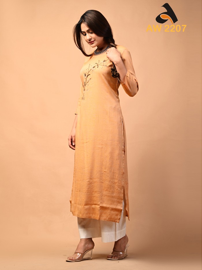 Light Orange Yarn Dyed Rayon Slub Embroidered Kurta