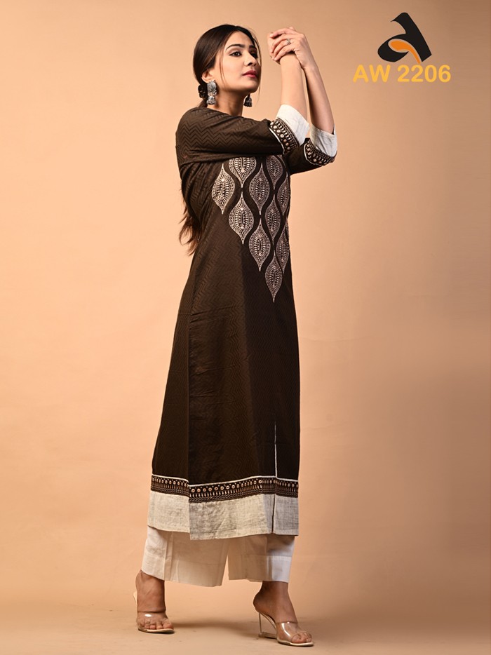 Chocolate Brown Dobby A Line Embroidered Kurta