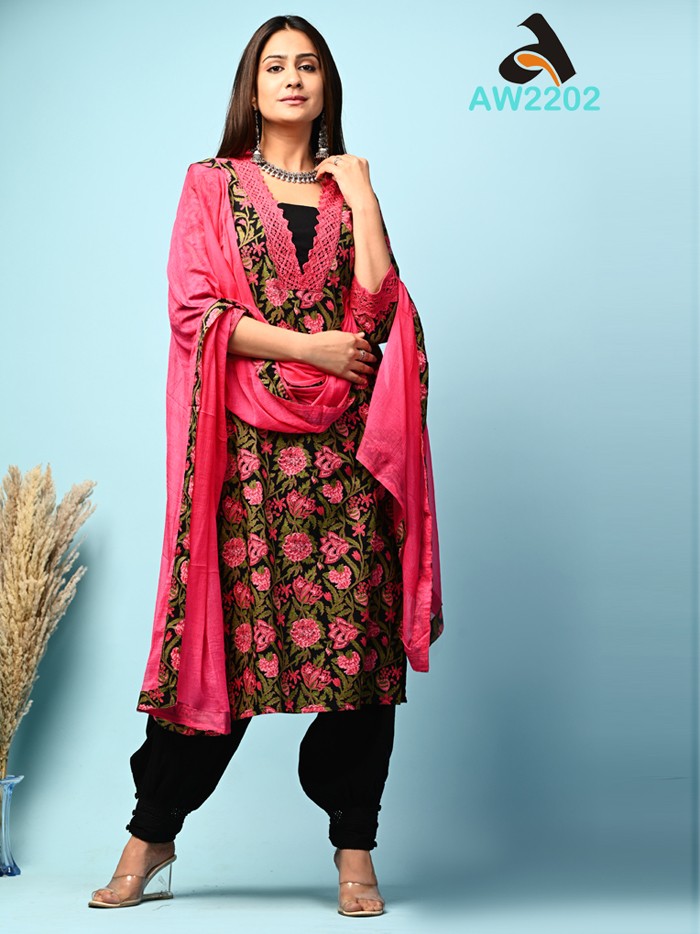 Black & Pink Floral Cotton Full suit with Chiffon Dupatta