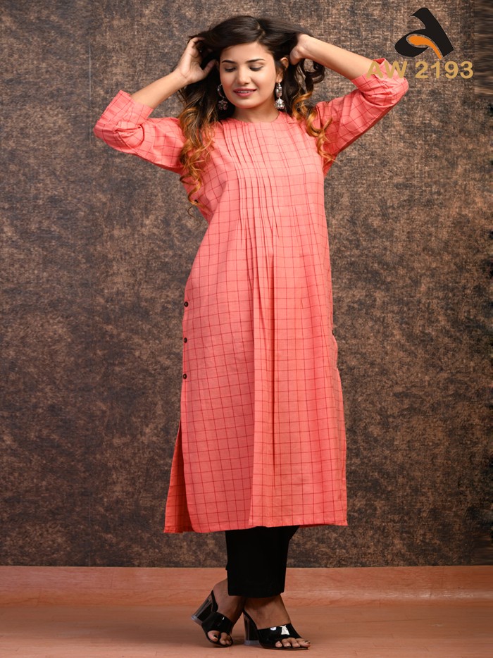 Dark Peach Pleated South Cotton Dressy Kurta