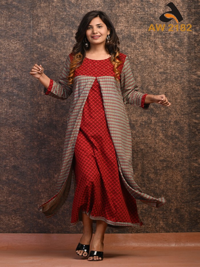 Deep Red Rayon Front Double Layer Kurta