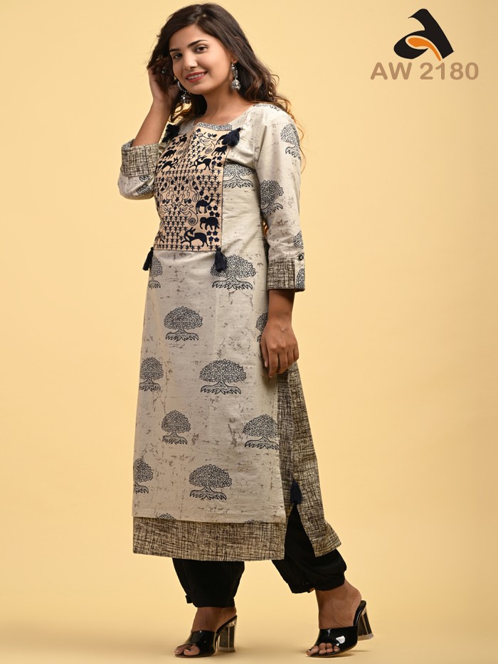 Moth Grey Cotton Double Layer Embroidered Kurta