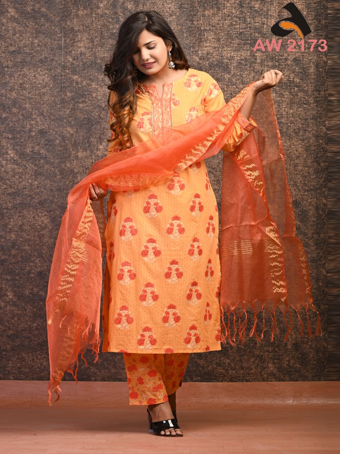 Pumpkin Orange Cotton Full Suit With Organza Dupatta