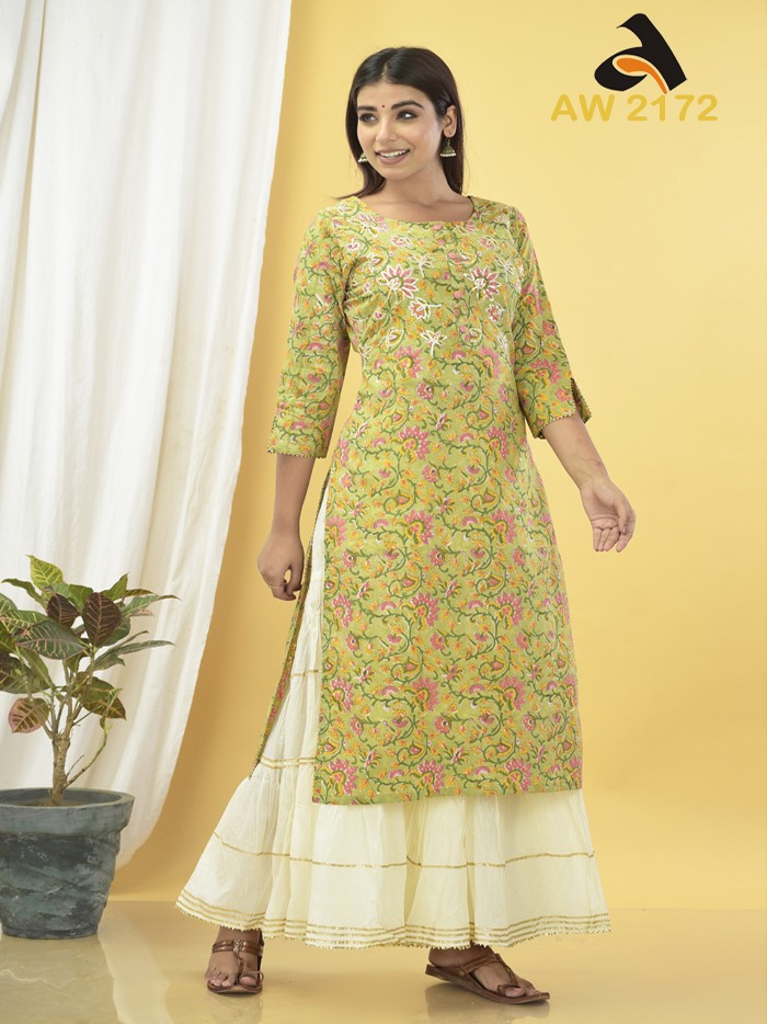 Pear Green Cotton Handblock Gota kurta